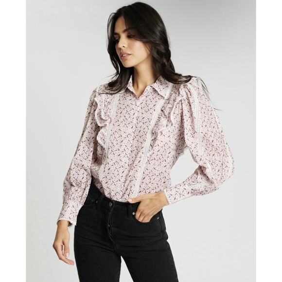 Magali Pascal Tops - Magali Pascal - Pink Long Sleeve Cotton Blouse with ruffles - size small